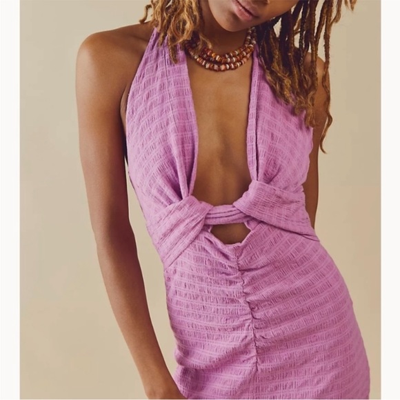 Free People Nya Maxi Dress Size Large Pink Boho Plunge Neck Cut Out Split - Picture 2 of 9